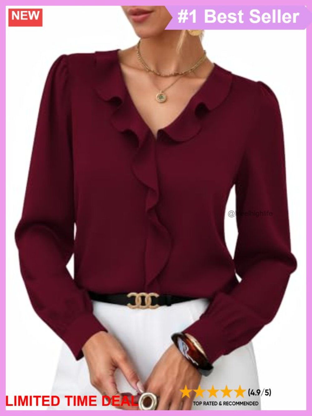 Ruffle V Neck Long Sleeve Blouse Button Down Shirt Dressy Casual Office Top